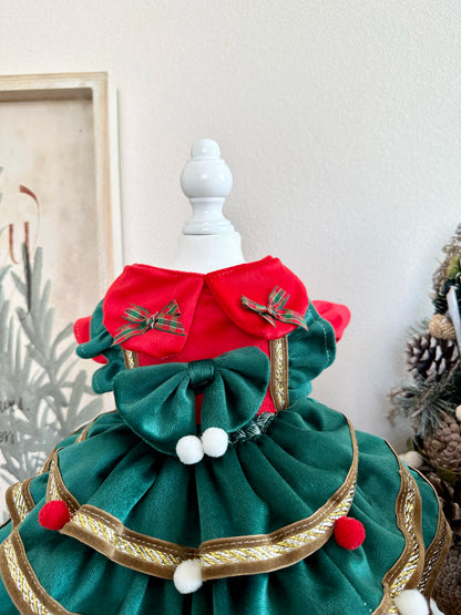 Cute and cozy Christmas princess dress for small dogs with bow and ruffled skirt