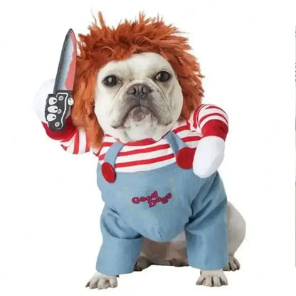 Dog wearing a Halloween costume with foam dagger and stuffed body design.