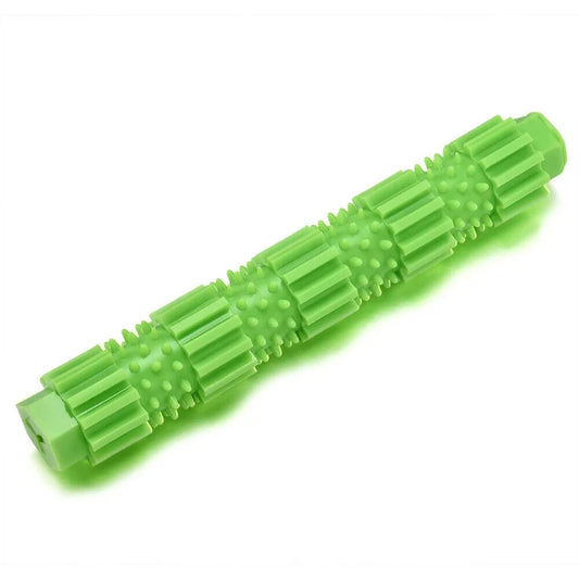 Pet dog teething stick with treat dispenser for oral care and interactive chewing.