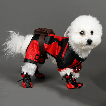 Pet dressed in Hot Movie Deadpool Cosplay Costume, a fun Dogpool outfit for Halloween and parties