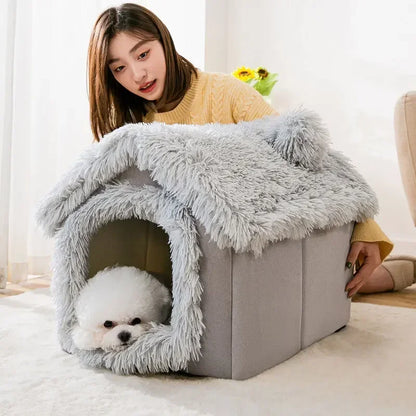 Small dog resting inside a foldable fleece dog kennel bed