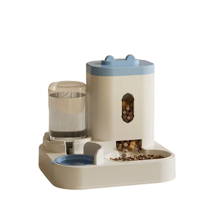 Non-electric automatic pet feeder and water dispenser with raised dual bowl design for cats and dogs.