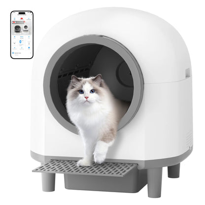 App-controlled automatic cat litter box with enclosed, low-noise design