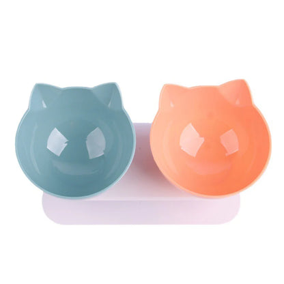 Elevated non-slip cat bowl set with angled dual bowls for food and water