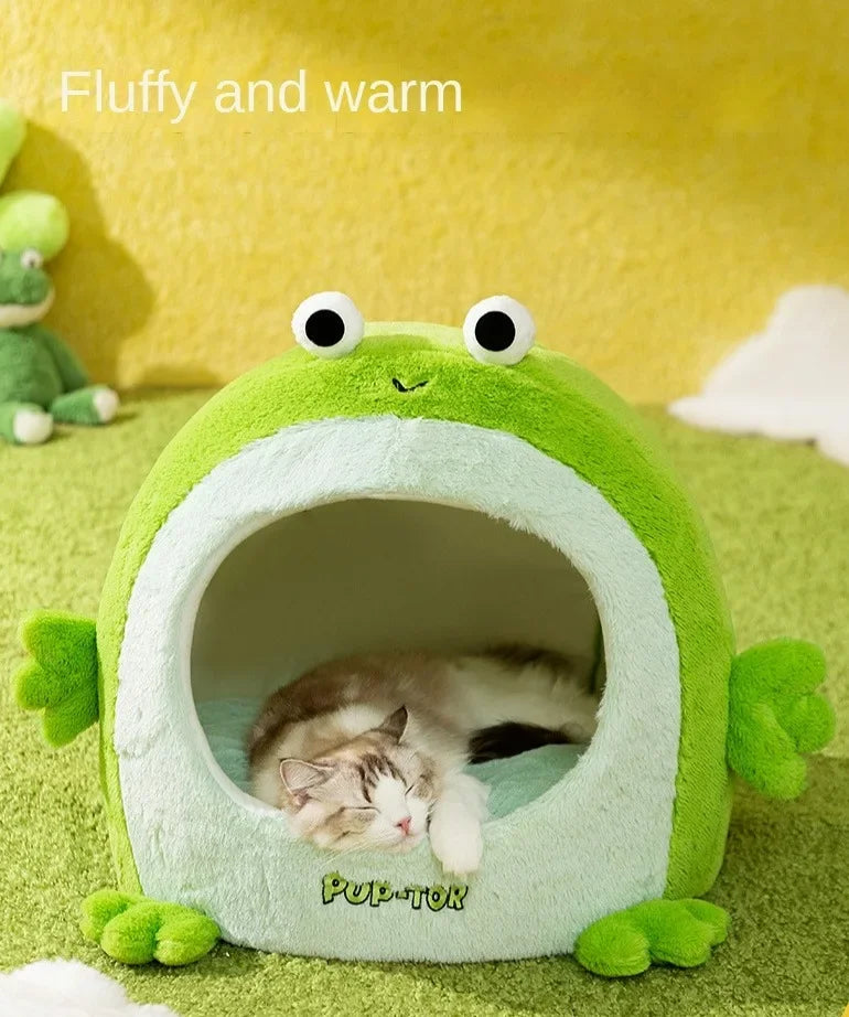 Plush semi-closed cat nest for warmth in winter, suitable for cats and small dogs.