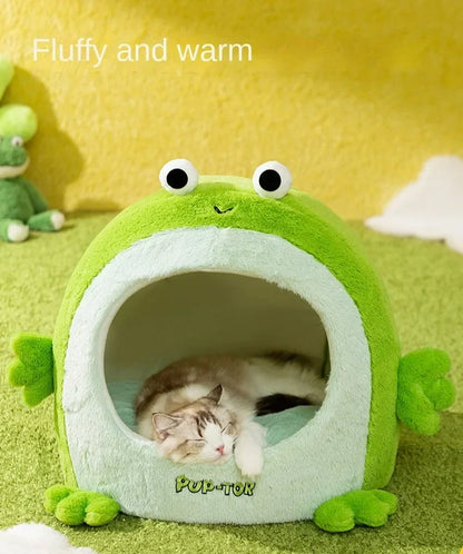 Plush semi-closed cat nest for warmth in winter, suitable for cats and small dogs.