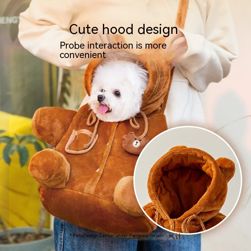 Warm Windproof Shoulder Bag for Pets – Cute Bear Design Crossbody Carrier for Cats and Dogs