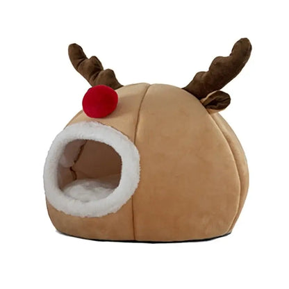 Indoor cat cave bed with Christmas reindeer design for holiday comfort and warmth.