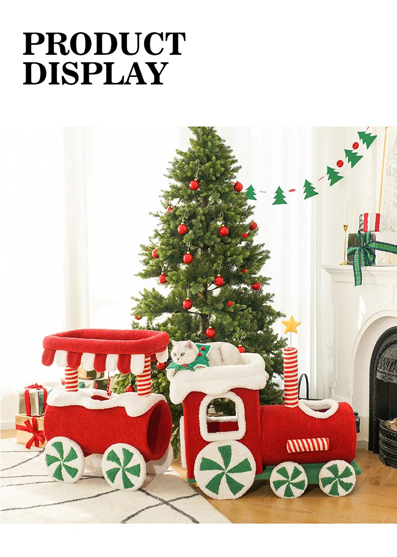 Christmas-themed cat climbing frame with cozy sleeping nest and sisal scratching posts.