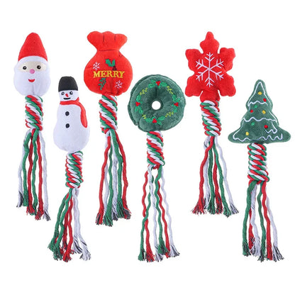 Christmas-themed squeaky dog toy with cotton rope knot for small dogs and puppies