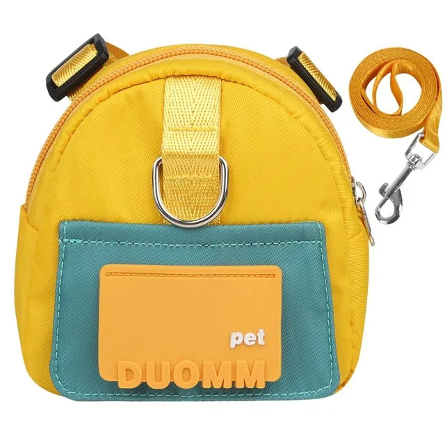 Dog backpack with leash for outdoor travel and training, featuring a large capacity and comfortable fit. 