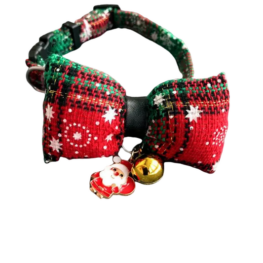 Christmas-themed breakaway cat collar with bow tie and bell, adjustable for cats and small dogs.