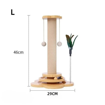 Wooden interactive cat turntable toy with rotating ball track and built-in sisal scratching board.