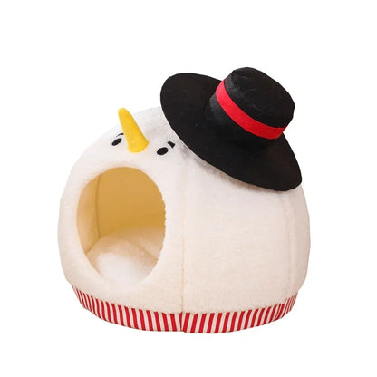 Snowman-themed semi-enclosed warm cat bed for winter comfort