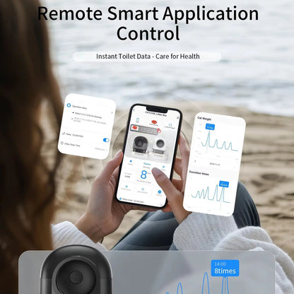 App-controlled automatic cat litter box with enclosed, low-noise design