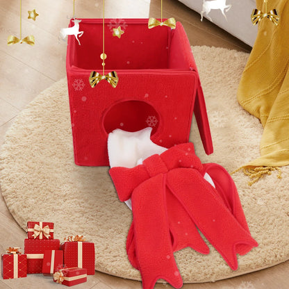 Christmas-themed cat bed shaped like a cozy holiday house for cats and small dogs