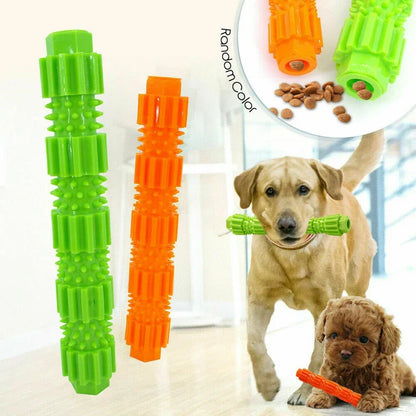 Pet dog teething stick chew toy and treat dispenser promoting dental health