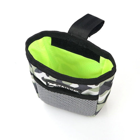 Hands-free dog training treat bag with waist belt and secure clasp for outdoor training