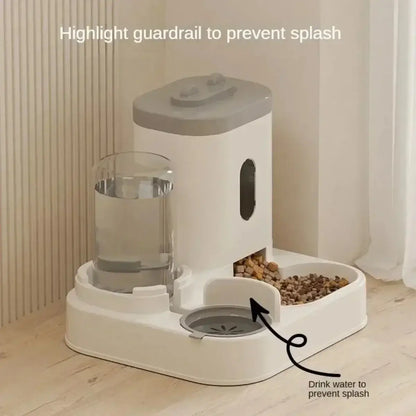 Non-electric automatic pet feeder and water dispenser with raised dual bowl design for cats and dogs.