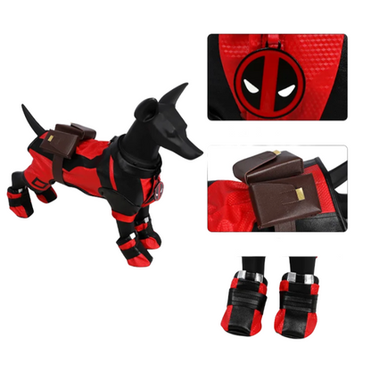 Pet dressed in Hot Movie Deadpool Cosplay Costume, a fun Dogpool outfit for Halloween and parties