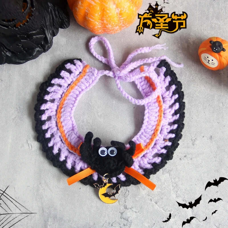 Hand-knit Halloween pet collar bib featuring ghost designs, perfect for dressing up cats and dogs during the spooky season.