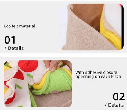 Dog snuffle toy shaped like pizza box for nose work and slow feeding