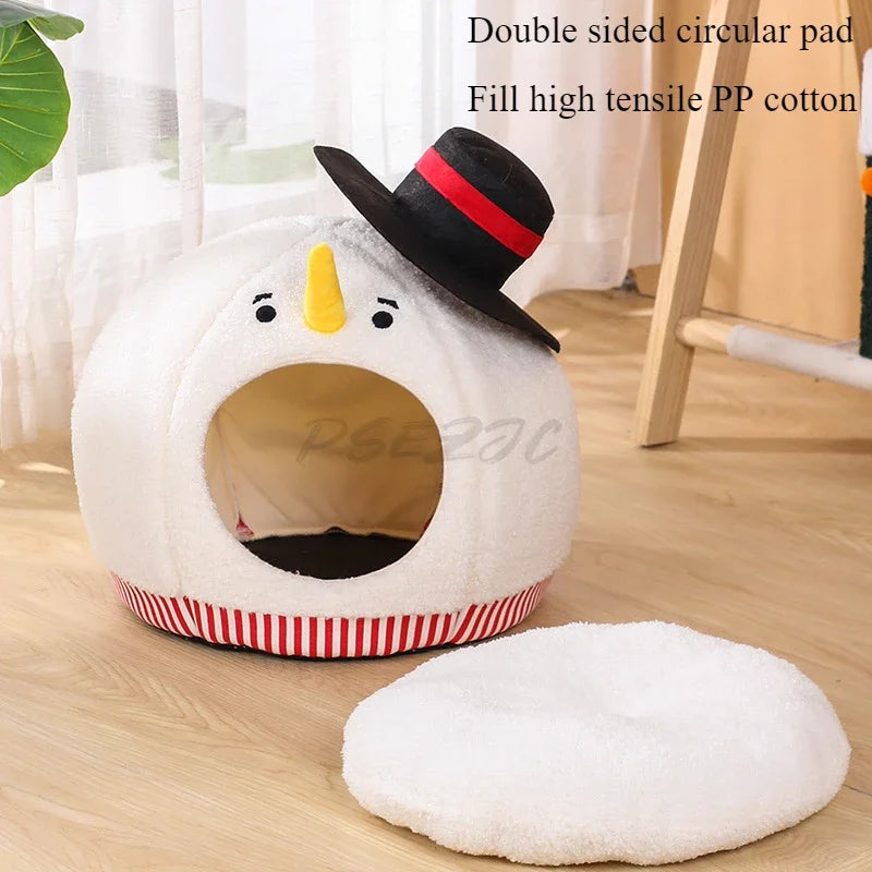 Semi-enclosed Christmas snowman cat nest for warmth and comfort during autumn and winter.