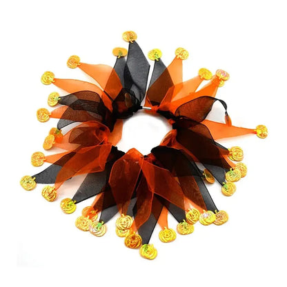 Dog and cat wearing colorful Christmas and Halloween-themed pet collars.