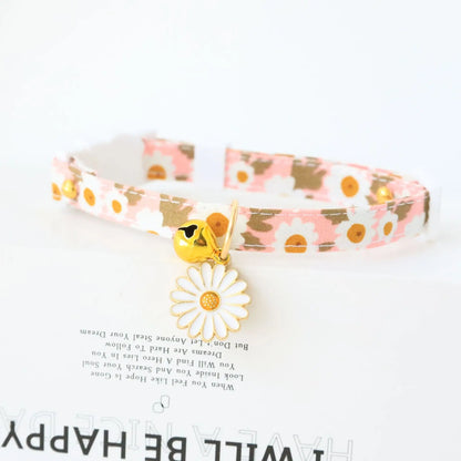 Reflective plaid cat collar with bow and daisy charm for small pets