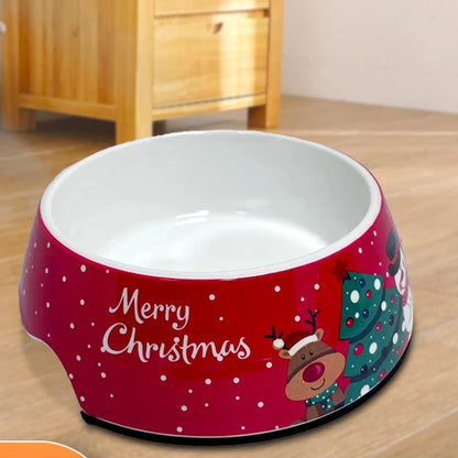 Christmas-themed stainless steel dog bowl with festive design, perfect for food and water