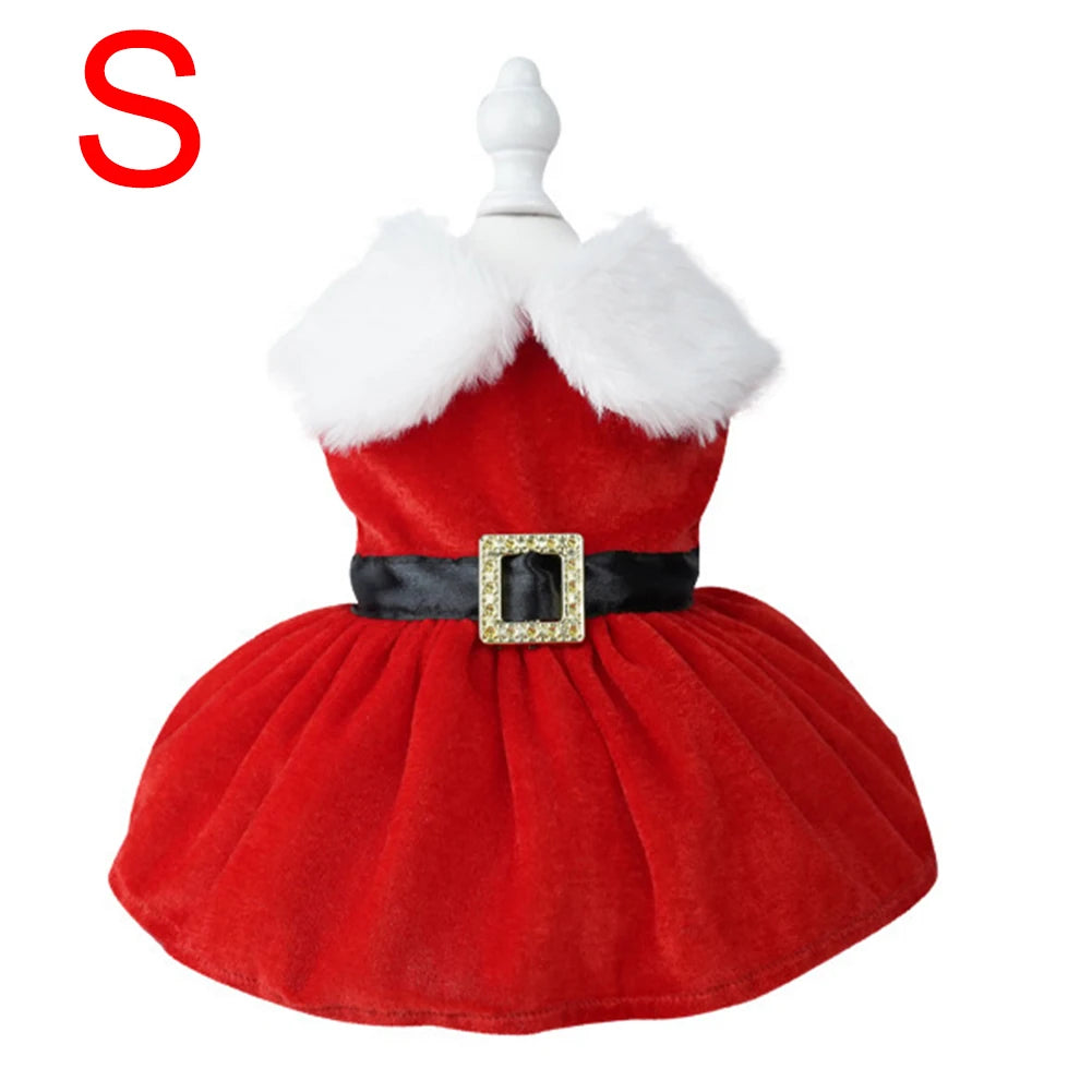 Festive Christmas dress for small dogs and cats, featuring a red skirt and glittering belt for holiday celebrations.