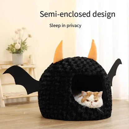 Halloween-themed imp cat house with cozy plush design for cats and small dogs.
