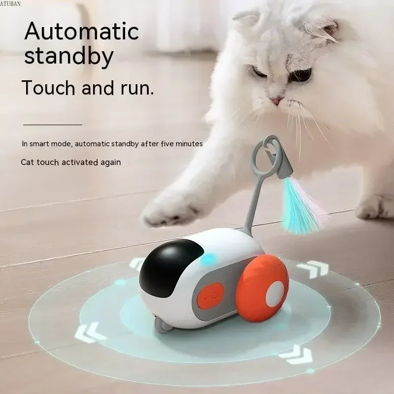 Interactive remote-controlled toy car for cats with feather teaser and USB charging.