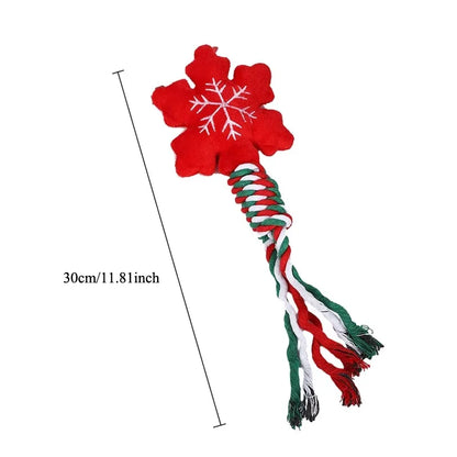 Christmas-themed squeaky dog toy with cotton rope knot for small dogs and puppies