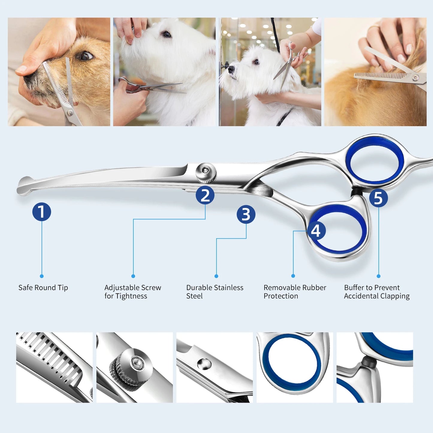 Professional pet grooming scissors set with stainless steel clippers and safety scissors for cats and dogs.