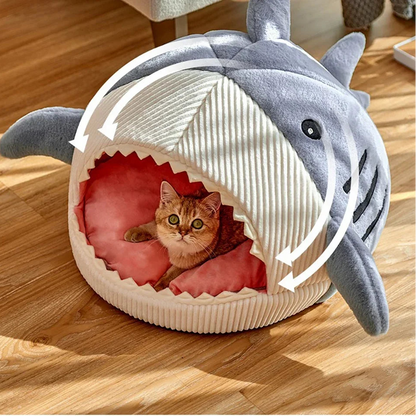 Enclosed warm cat bed with plush cushion for cats and small dogs
