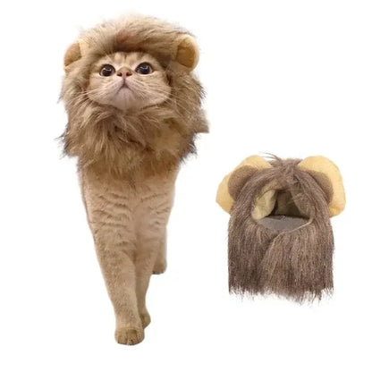Cat wearing a fluffy lion mane hat, ideal for Halloween or costume parties.