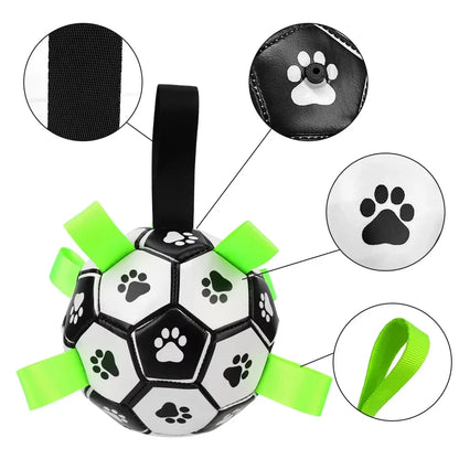 Durable dog soccer toy with high-stretch material for active play and chewing