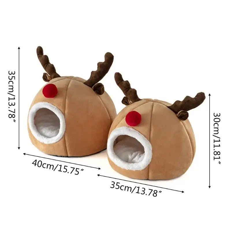 Cat Cave Bed - Washable Removable Cushion Soft Christmas Reindeer Tent for Cats