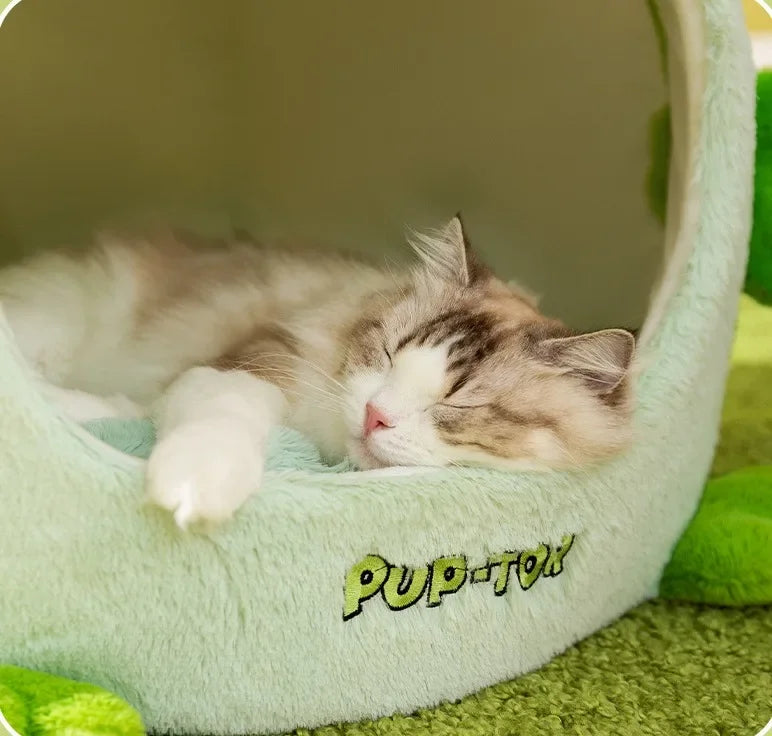 Plush semi-closed cat nest for warmth in winter, suitable for cats and small dogs.