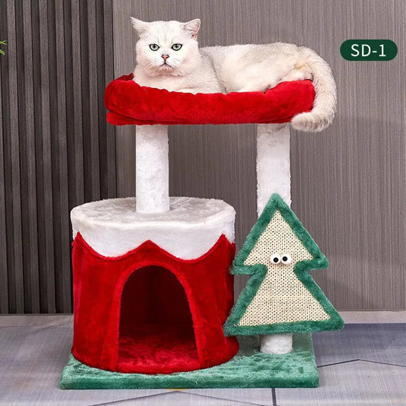 Festive cat climbing shelf with scratching post, hammock, and wooden platforms – perfect for Christmas fun.