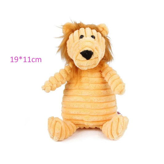 Plush dog toy with squeaker, featuring cute animal designs for interactive play and training with small to medium-sized dogs.