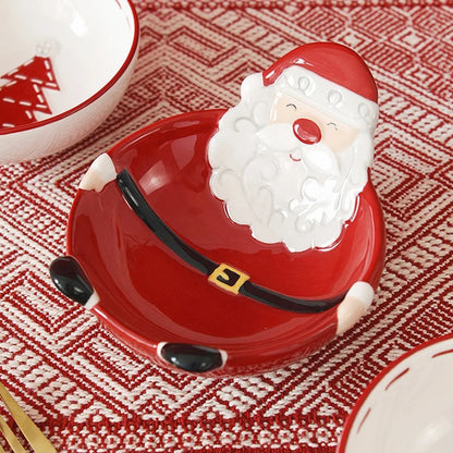 Christmas-themed ceramic pet bowl with Santa Claus, elk, and tree designs, perfect for food or water