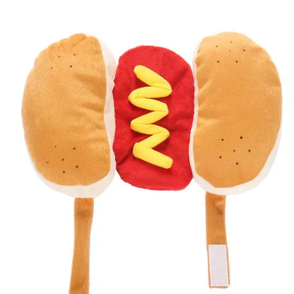 Dog wearing a hot dog costume with bun and mustard design for Halloween