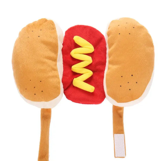 Dog wearing a hot dog costume with bun and mustard design for Halloween