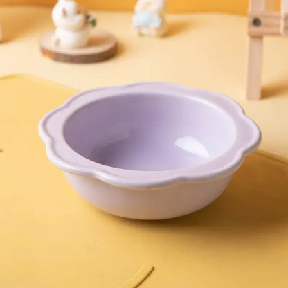 Flower-shaped ceramic pet bowl with clear acrylic stand for cats and dogs.