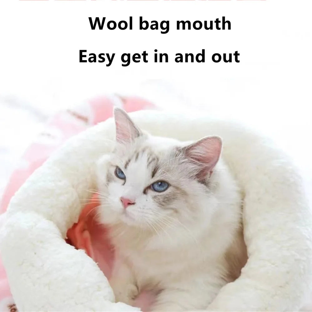 Plush cat sleeping bag with thickened design, providing warmth and comfort for kittens and puppies in winter.