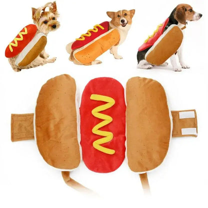 Dog wearing a hot dog costume with bun and mustard design for Halloween