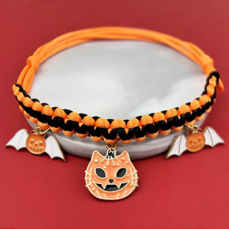 Hand-woven Halloween pet collar with pumpkin pendant for cats and small dogs