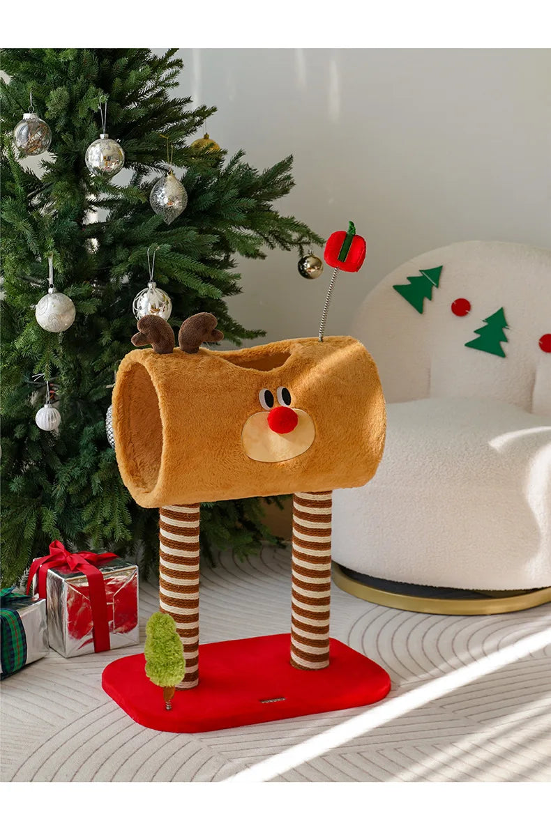 Christmas-themed cat climbing frame with cozy sleeping nest and sisal scratching posts.